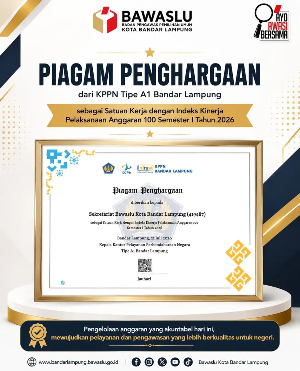 Bawaslu Kota Bandar Lampung Raih Penghargaan IKPA 100 Semester I Tahun 2026 dari KPPN Bandar Lampung