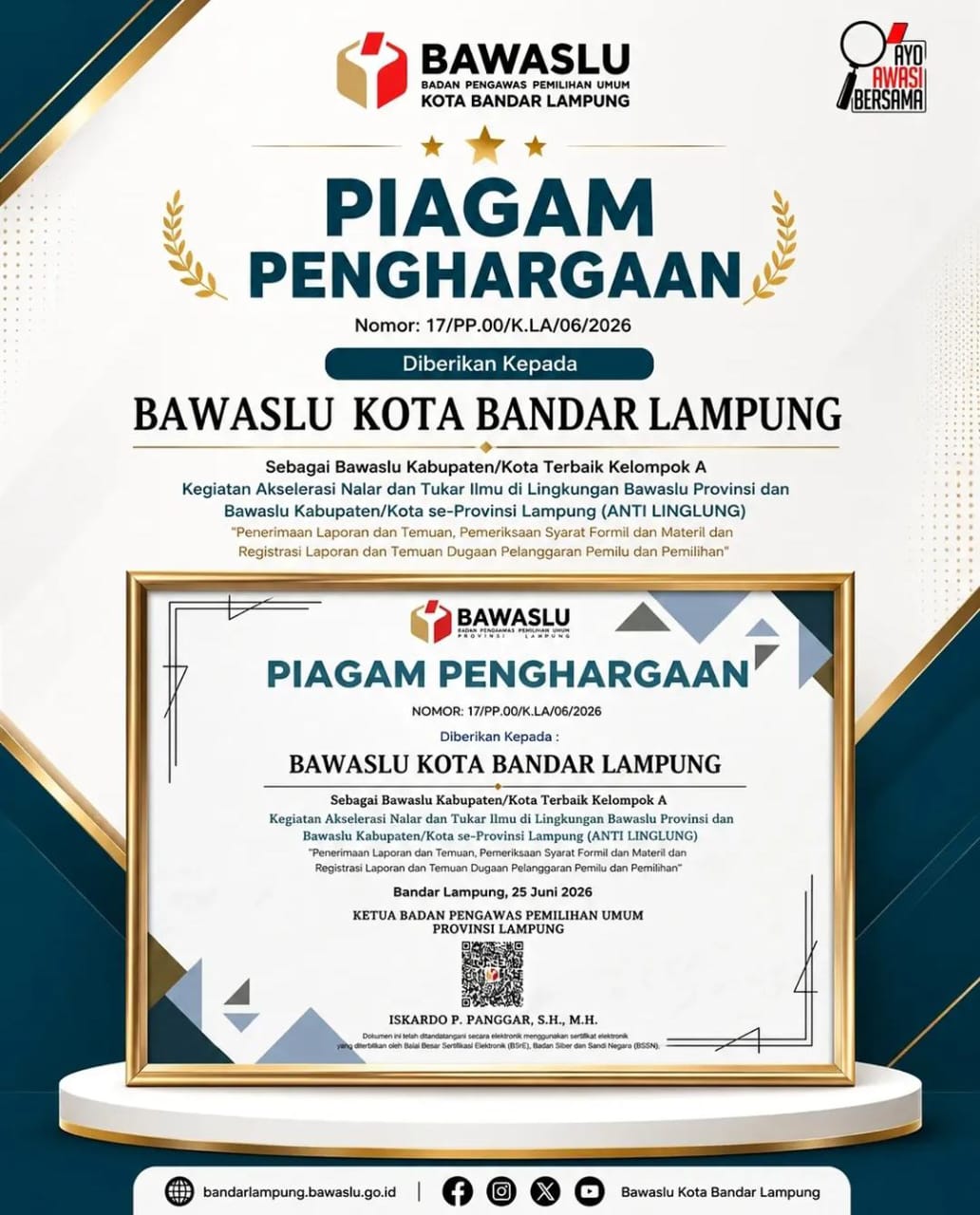 Bawaslu Kota Bandar Lampung Raih Penghargaan Terbaik Kelompok A pada Kegiatan Anti Linglung Bawaslu Provinsi Lampung