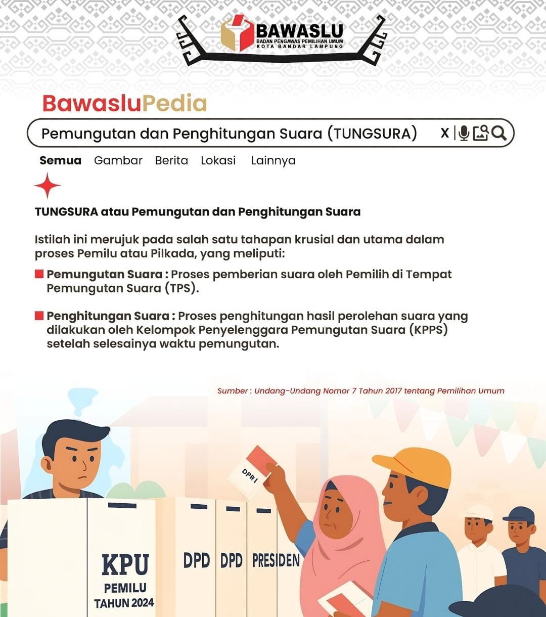 Bandar Lampung – Badan Pengawas Pemilihan Umum (Bawaslu) Kota Bandar Lampung terus berupaya meningkatkan pemahaman masyarakat mengenai kepemiluan melalui konten edukasi BawasluPedia yang dipublikasikan melalui media sosial resmi Bawaslu Kota Bandar Lampung.