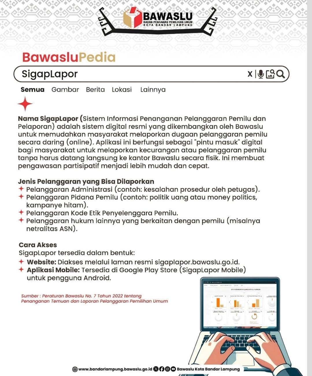 Bandar Lampung – Badan Pengawas Pemilihan Umum (Bawaslu) Kota Bandar Lampung terus mendorong peningkatan pemahaman masyarakat mengenai pengawasan partisipatif melalui edukasi digital BawasluPedia. Salah satu informasi yang disampaikan adalah mengenai SigapLapor, sistem informasi penanganan pelanggaran pemilu dan pelaporan yang memudahkan masyarakat menyampaikan dugaan pelanggaran secara daring.