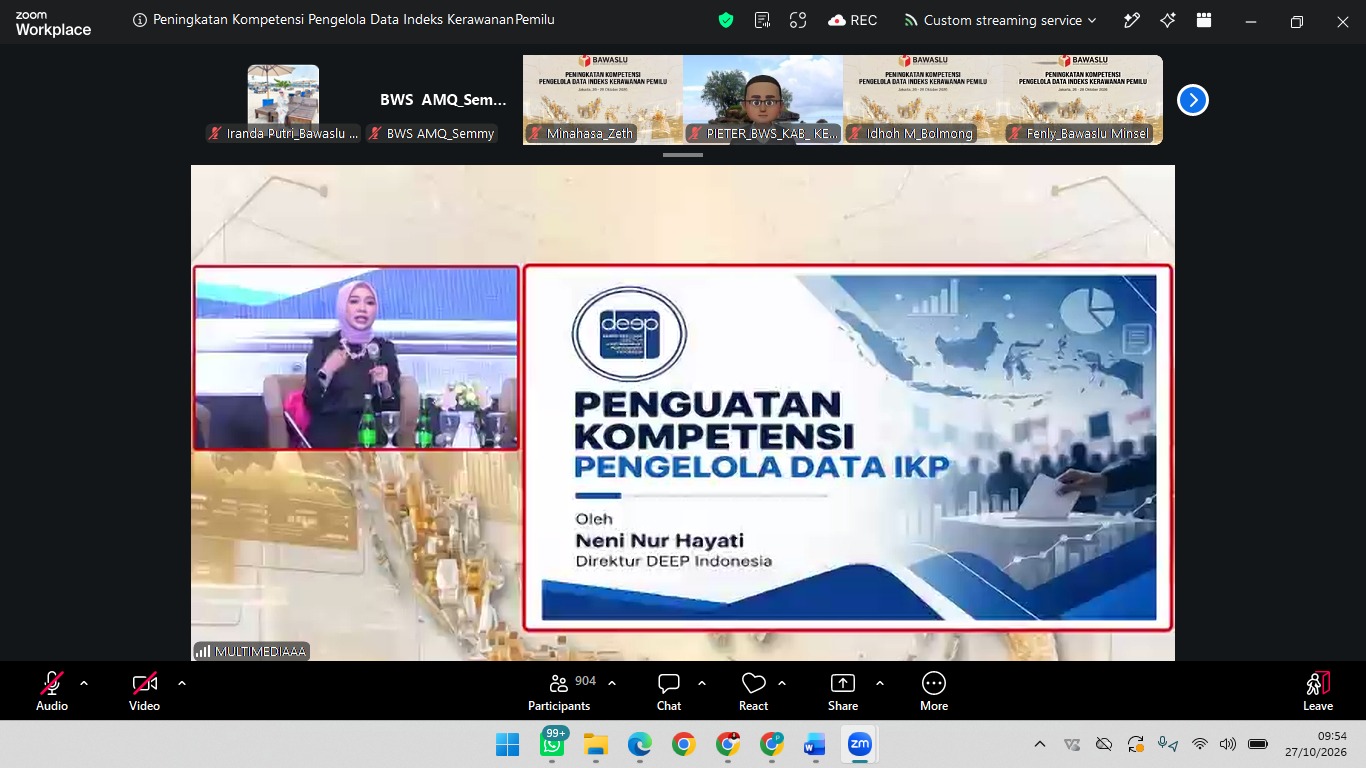 Bandar lampung, Selasa (27/10) - Dalam rangka memperkuat sistem peringatan dini serta memetakan potensi kerawanan dan pelanggaran secara akurat, Badan Pengawas Pemilihan Umum (Bawaslu) Republik Indonesia menyelenggarakan kegiatan Peningkatan Kompetensi Pengelola Data Indeks Kerawanan Pemilu (IKP). Kegiatan strategis ini diikuti oleh jajaran pengawas pemilu dari berbagai daerah, termasuk staf pengawasan Bawaslu Kota Bandar Lampung yaitu Zerdinal Pratama, S.H. dan Iranda Putri, S.I.P., M.Si. ‎