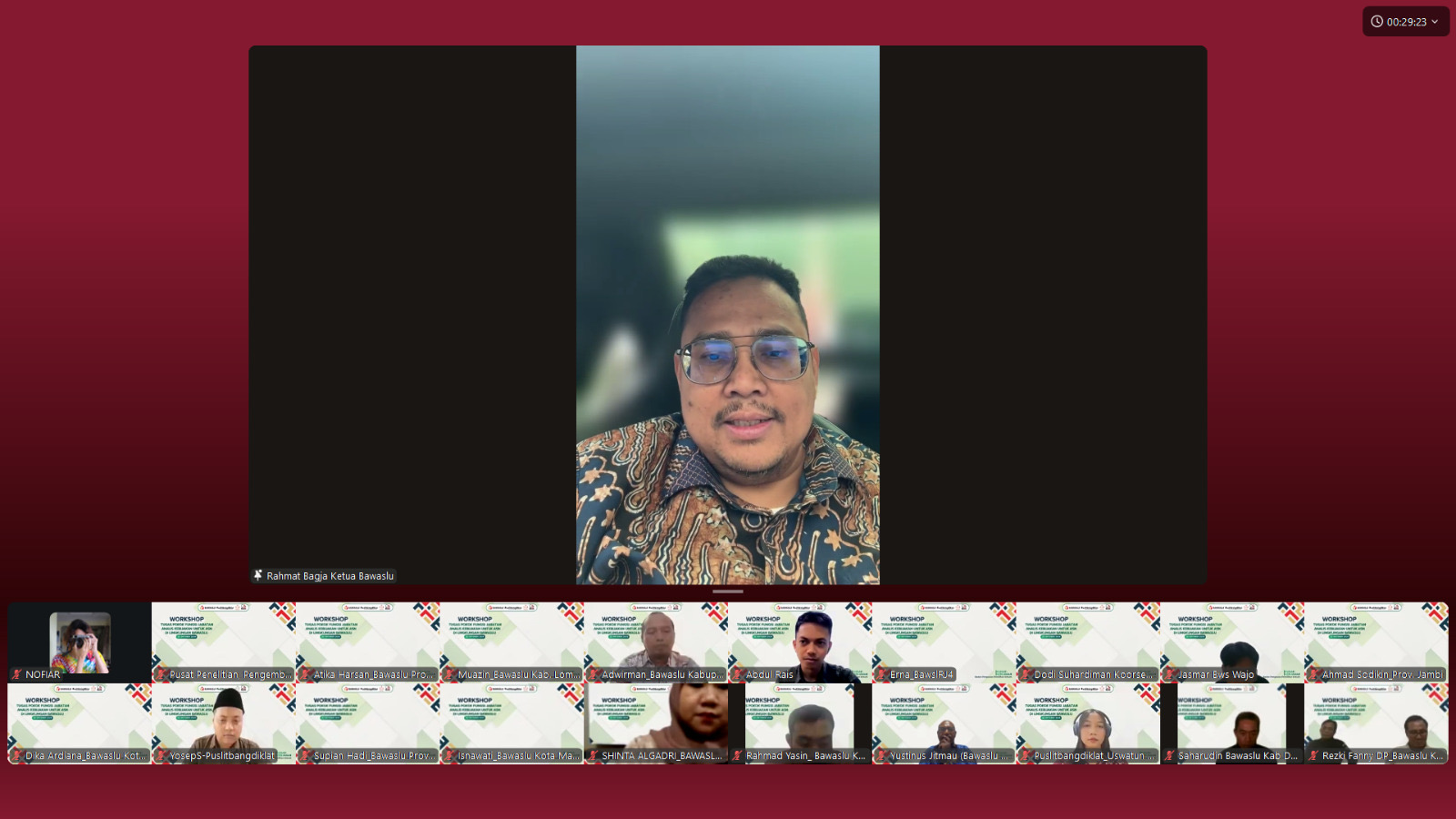Workshop Tugas Pokok dan Fungsi Jabatan Analis Kebijakan bagi ASN di Lingkungan Bawaslu secara daring, Kamis (22/10/2026).